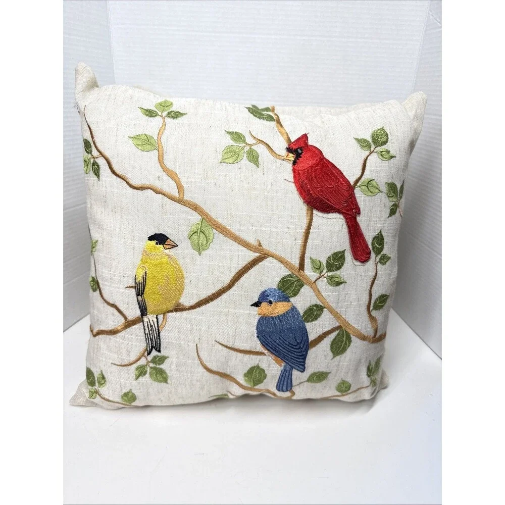 Birds On Branch Decorative Throw Pillows Embroidered Cardinal, Blue, Yellow Bird